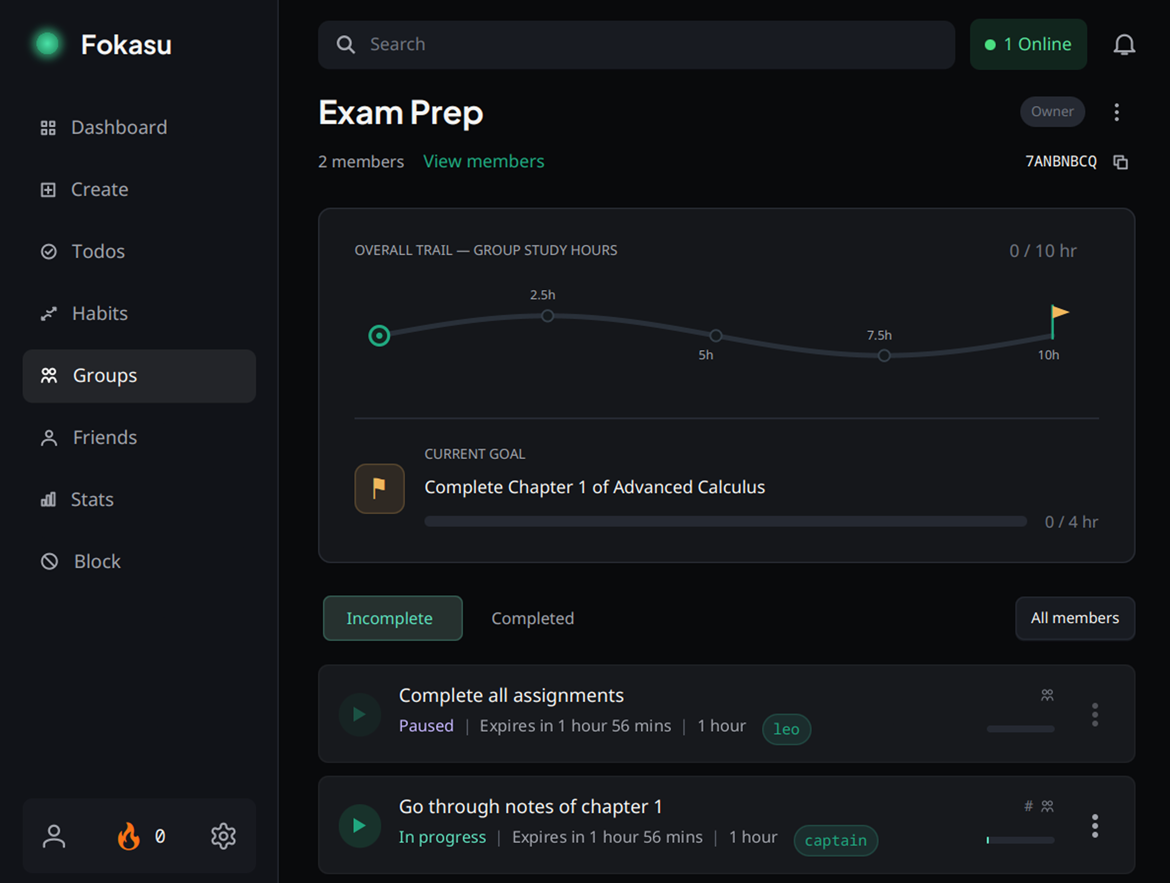 Fokasu group dashboard showing a shared goal, progress trail, and member tasks