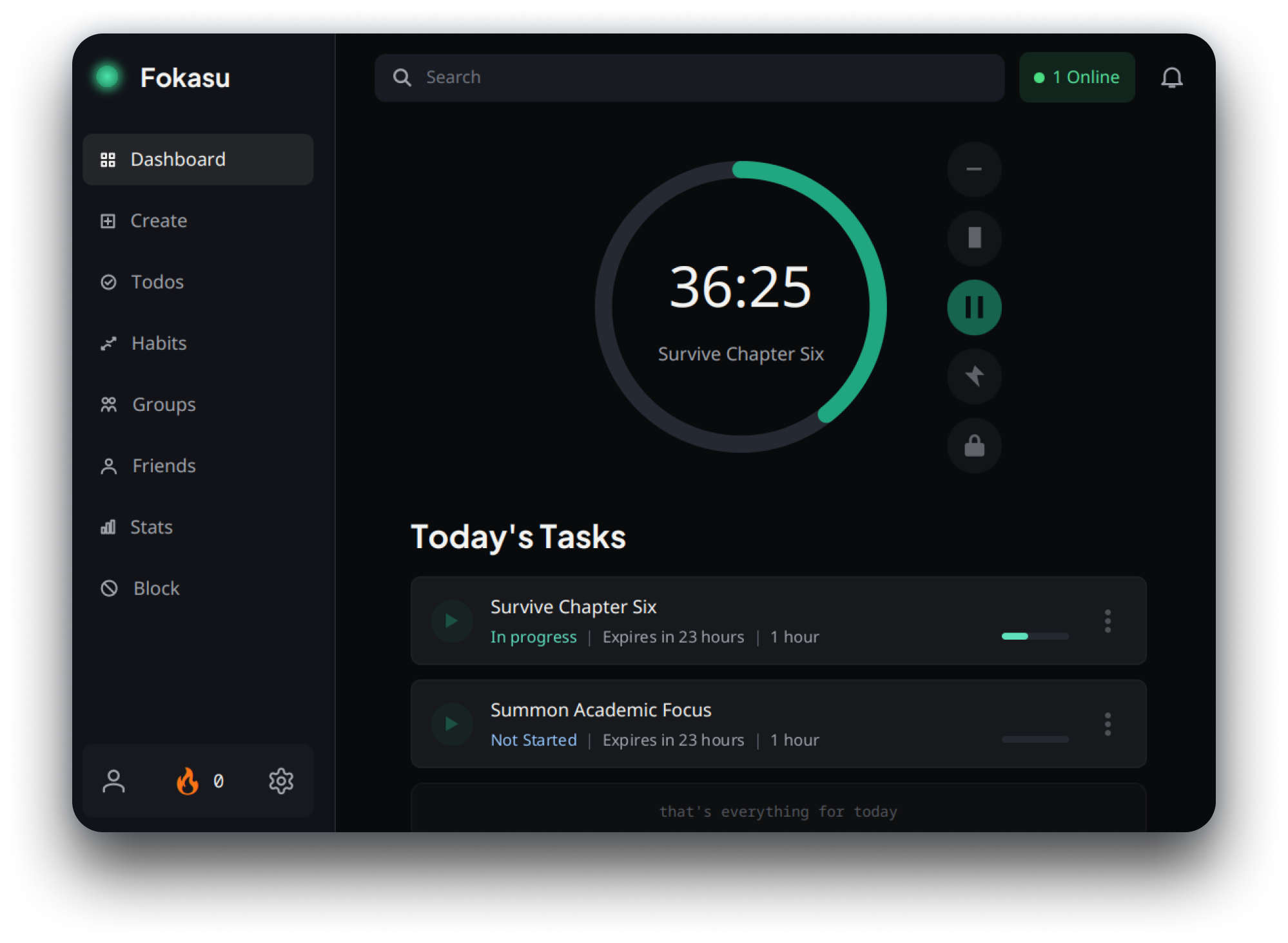 Fokasu focus dashboard showing a 36 minute focus session and today's tasks
