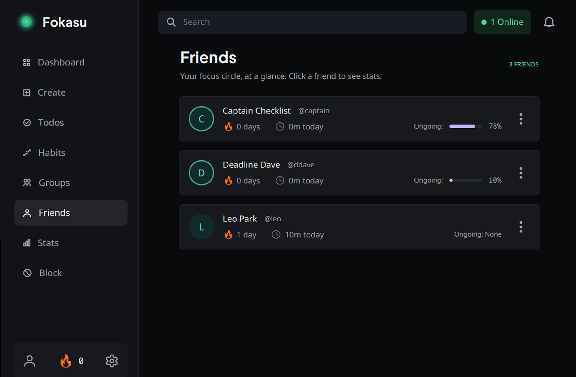 Fokasu friends dashboard showing friends, focus streaks, and ongoing progress