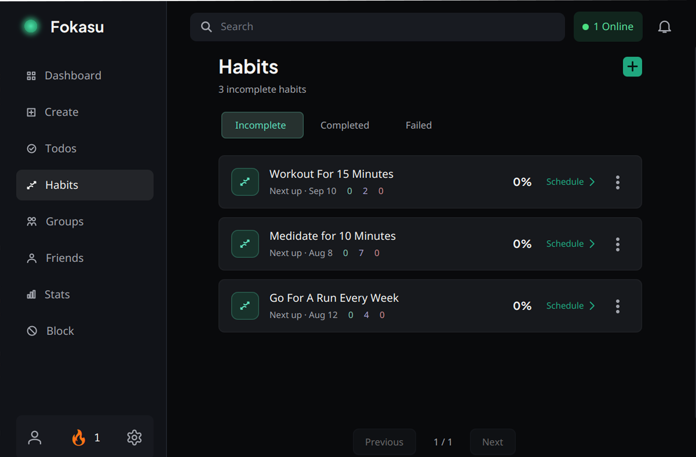 Fokasu habits dashboard showing incomplete, completed, and failed routines