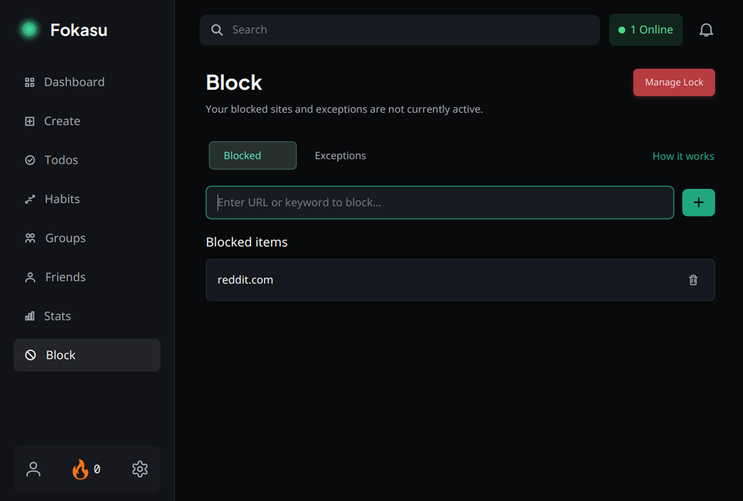 Block list showing reddit.com as blocked