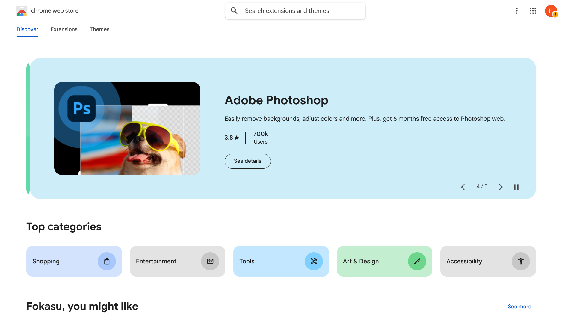 Chrome Web Store page for the Fokasu extension
