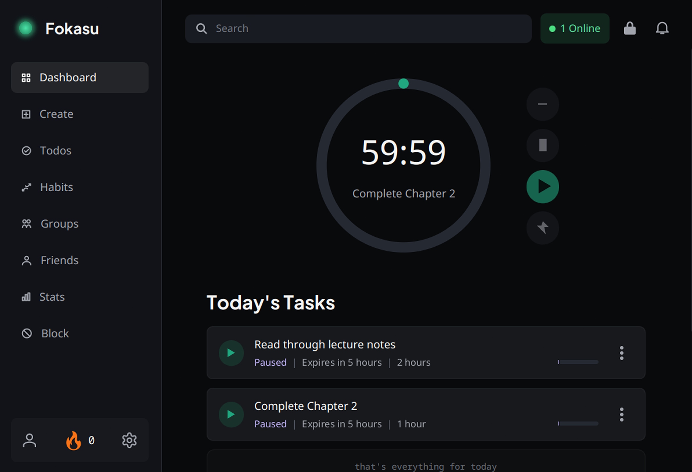 Fokasu focus dashboard showing a 60 minute focus session and today's tasks