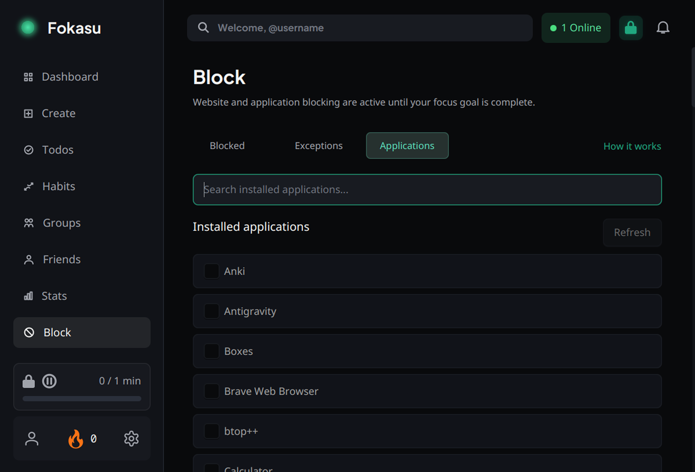 Fokasu Applications block list showing installed desktop applications that can be selected for blocking