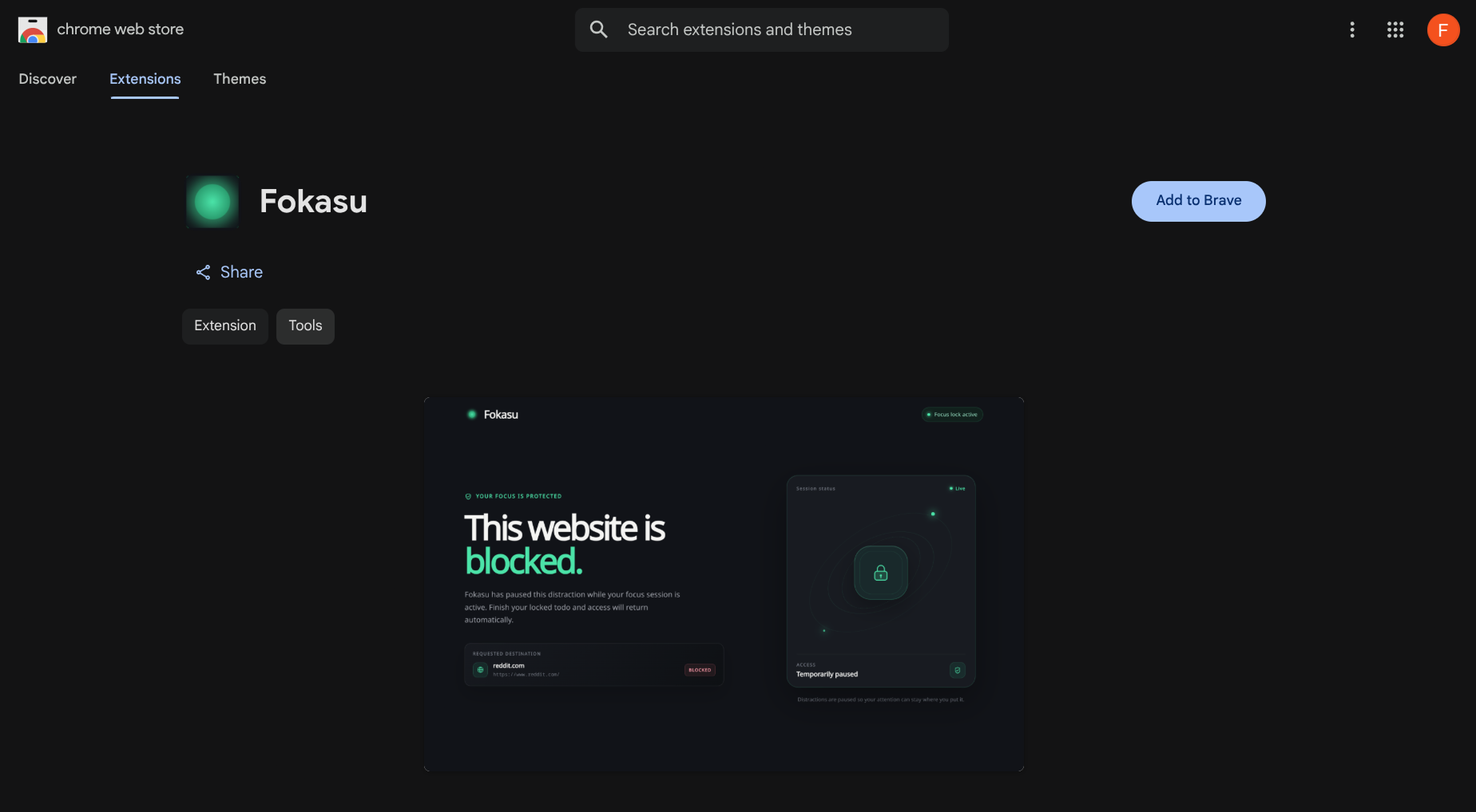 Chrome Web Store page for the Fokasu extension