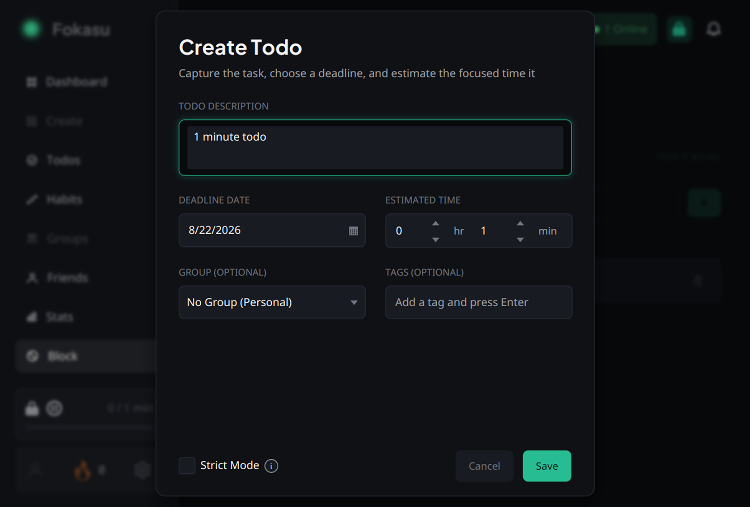Create Todo dialog with a one-minute estimated time