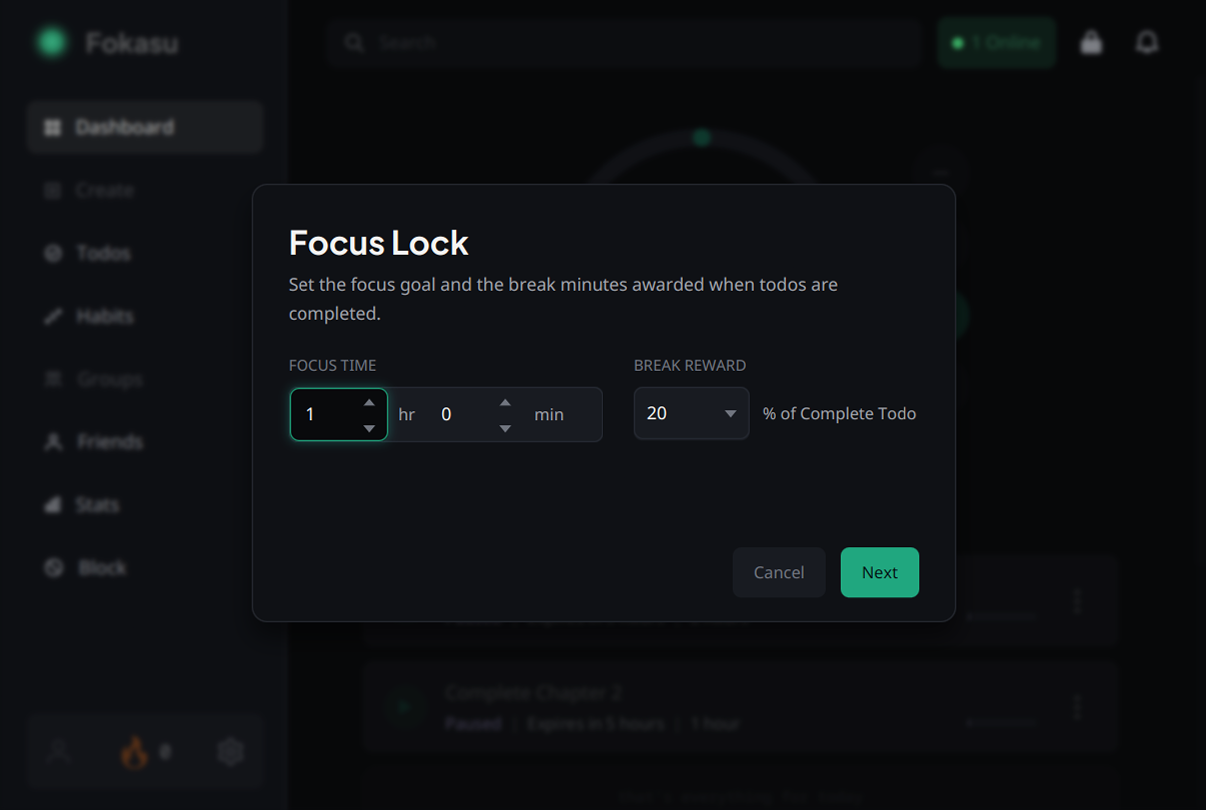 Focus Lock dialog for setting the focus goal and break reward percentage