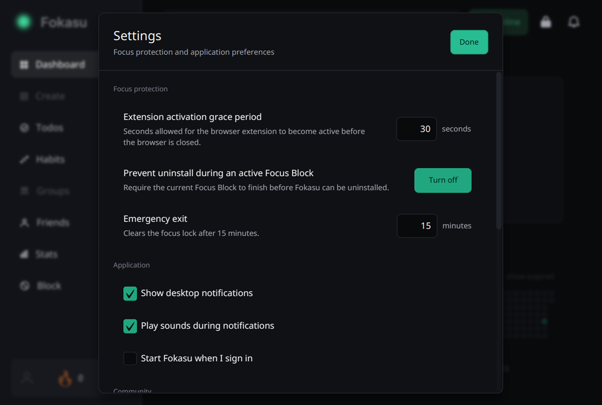 Fokasu Settings showing focus protection, emergency exit, notification, sound, and startup options