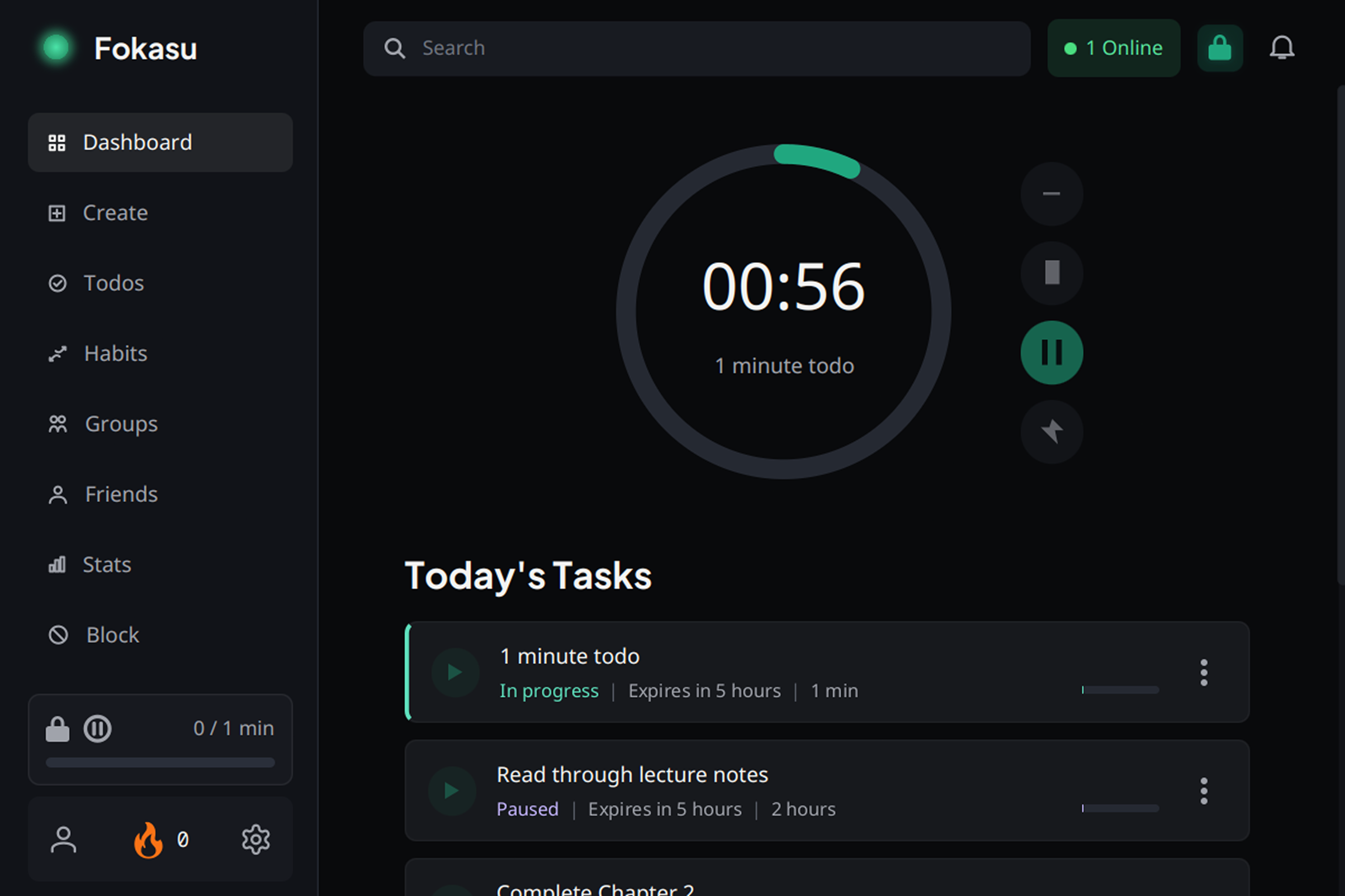 One-minute todo running on the Fokasu dashboard