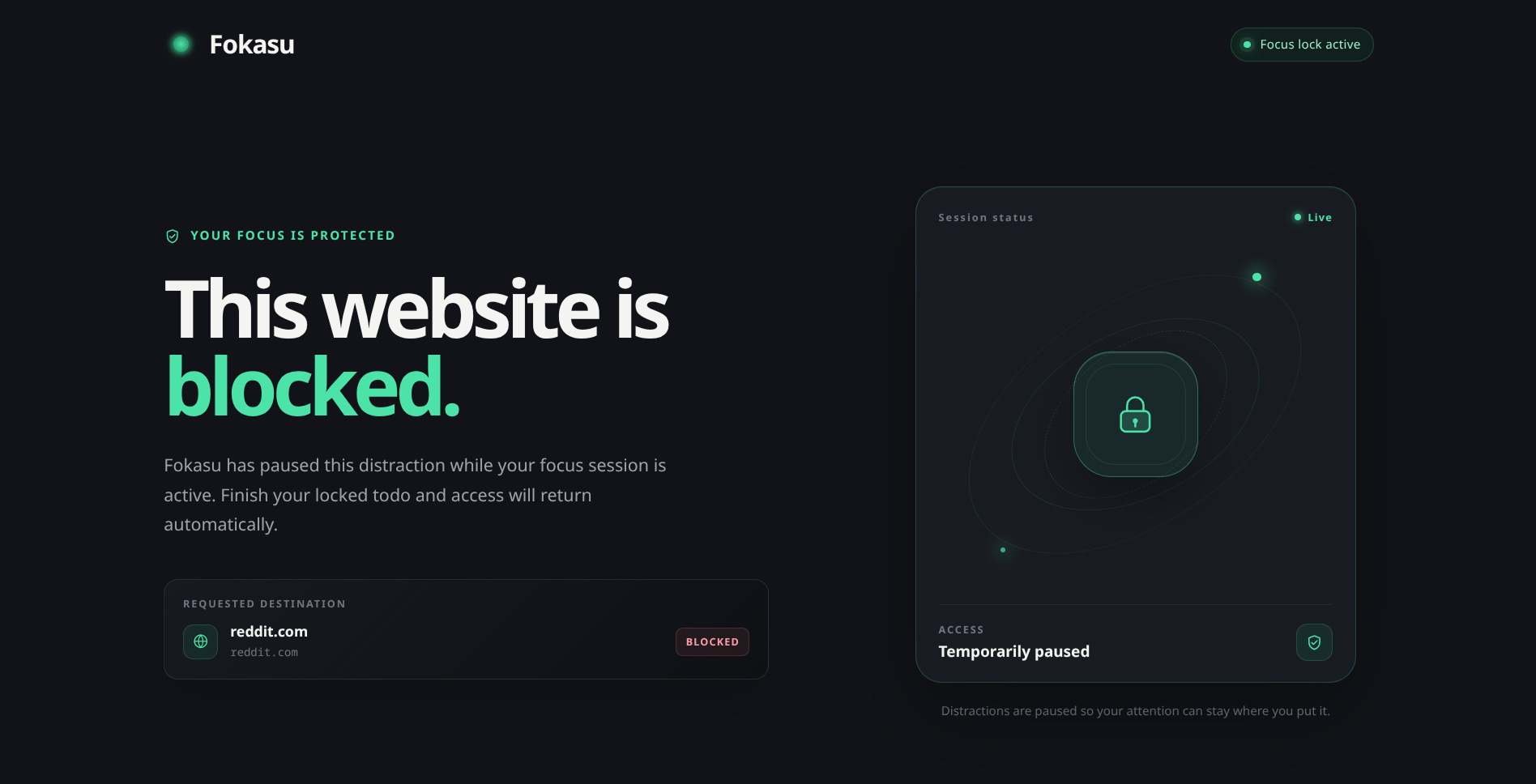 Fokasu page confirming that reddit.com is blocked during an active focus session