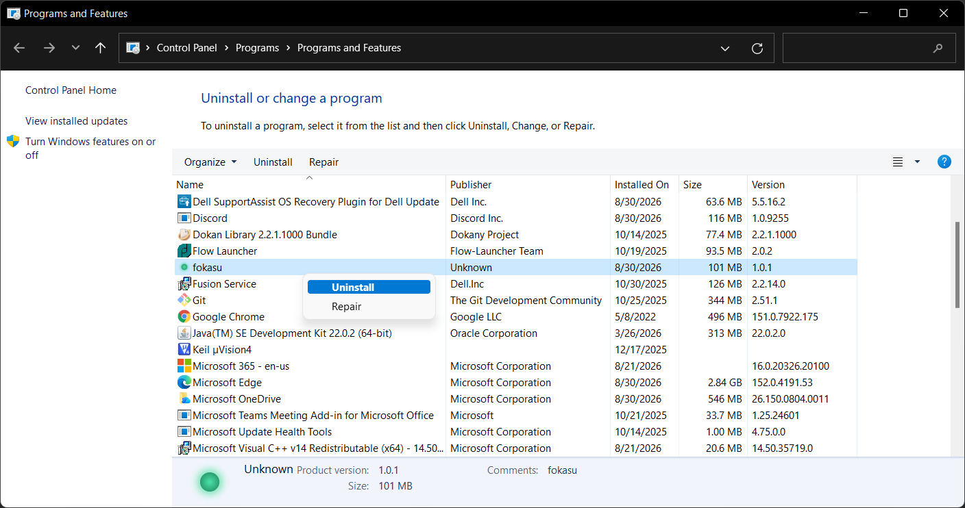 Fokasu selected in Programs and Features with the Uninstall option open