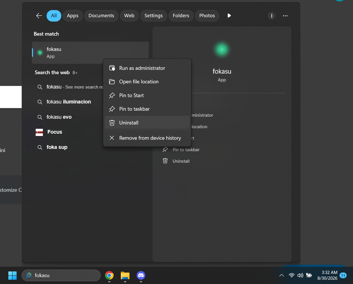 Windows search results for Fokasu with the Uninstall option selected