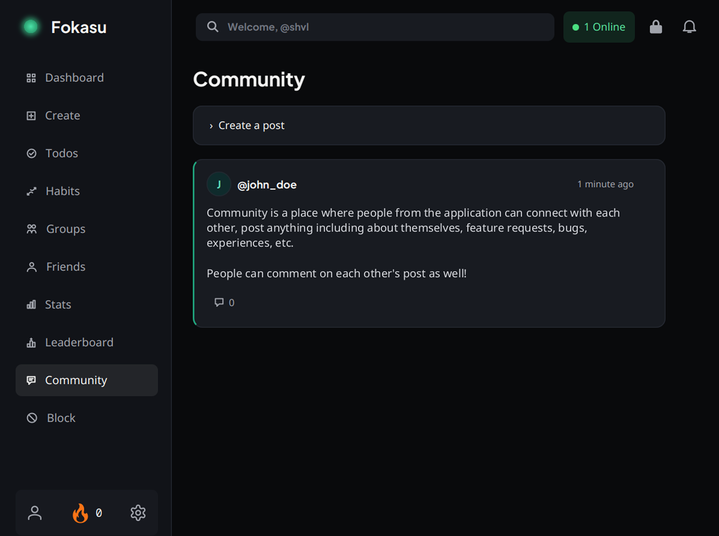 Fokasu Community screen showing a community post and comment count