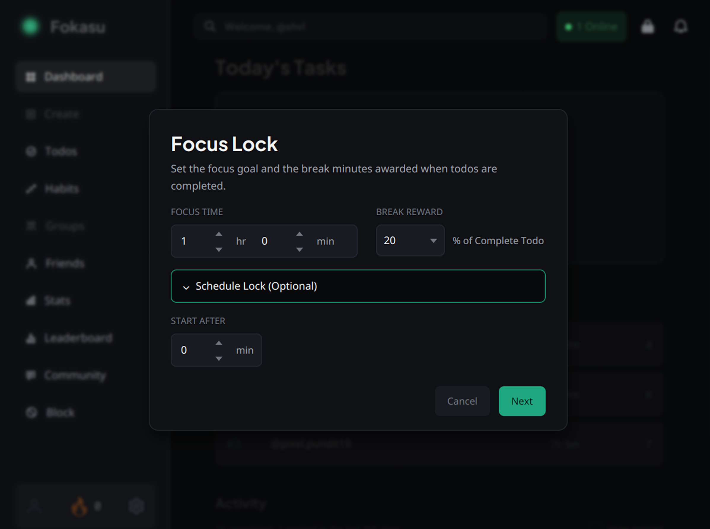 Fokasu block setup screen with the optional scheduled block controls expanded