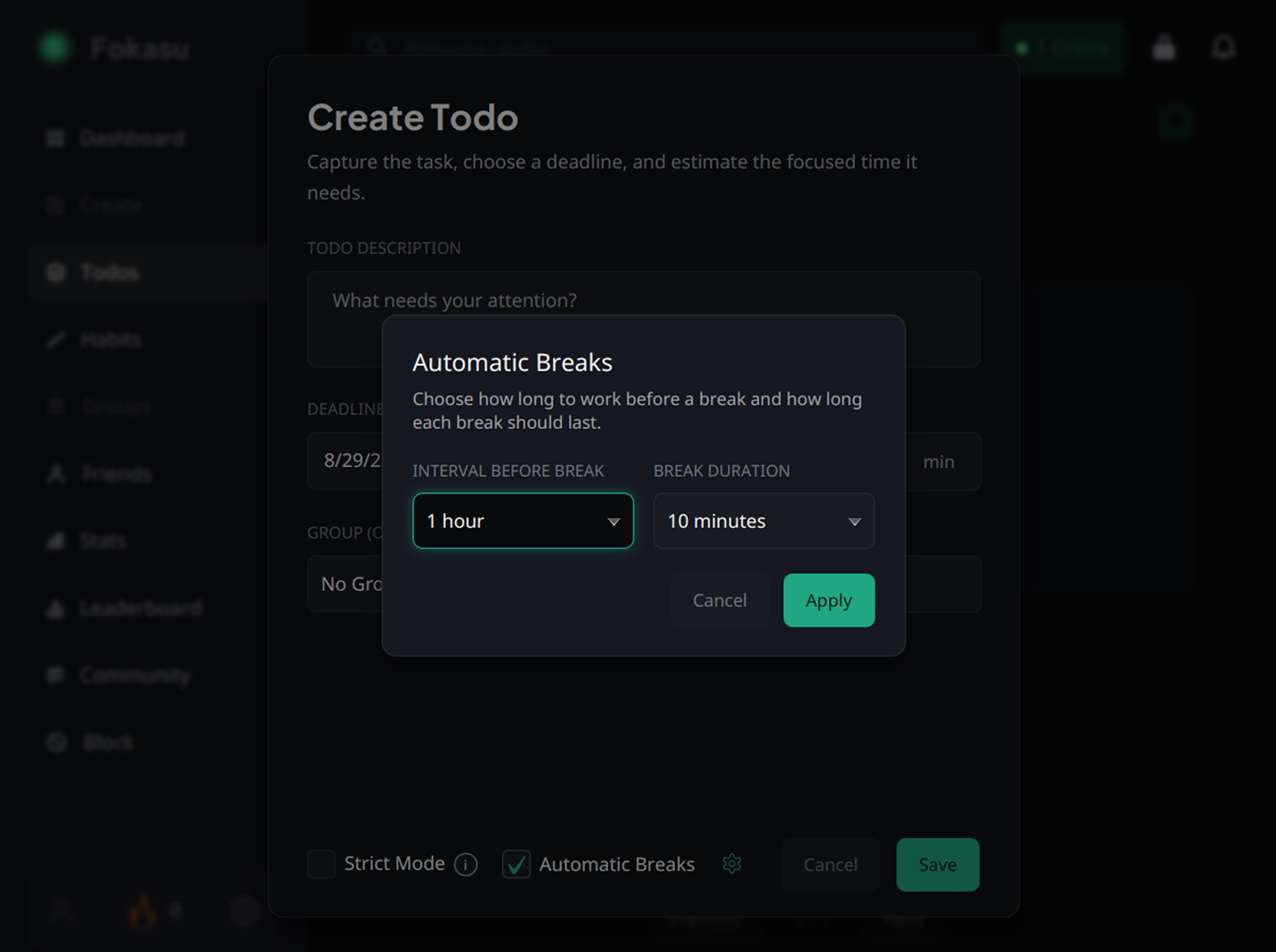 Fokasu Create Todo screen with Automatic Breaks set to one hour of work and a ten minute break