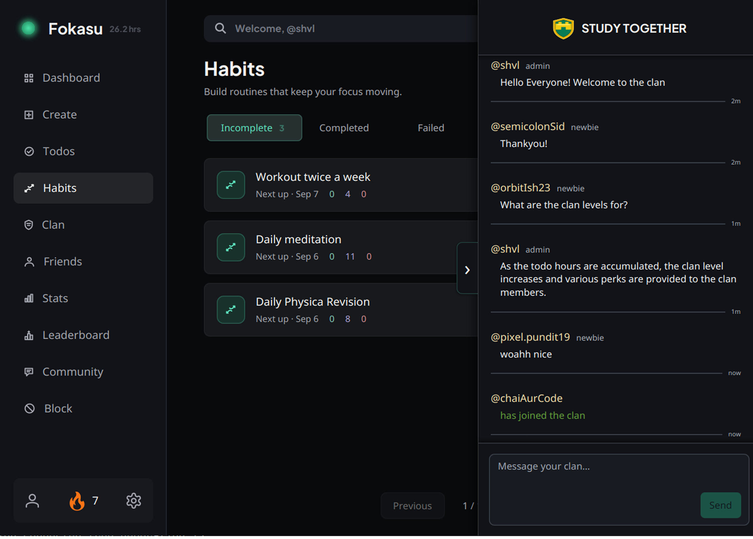 Fokasu habits screen with the Study Together clan chat open alongside it
