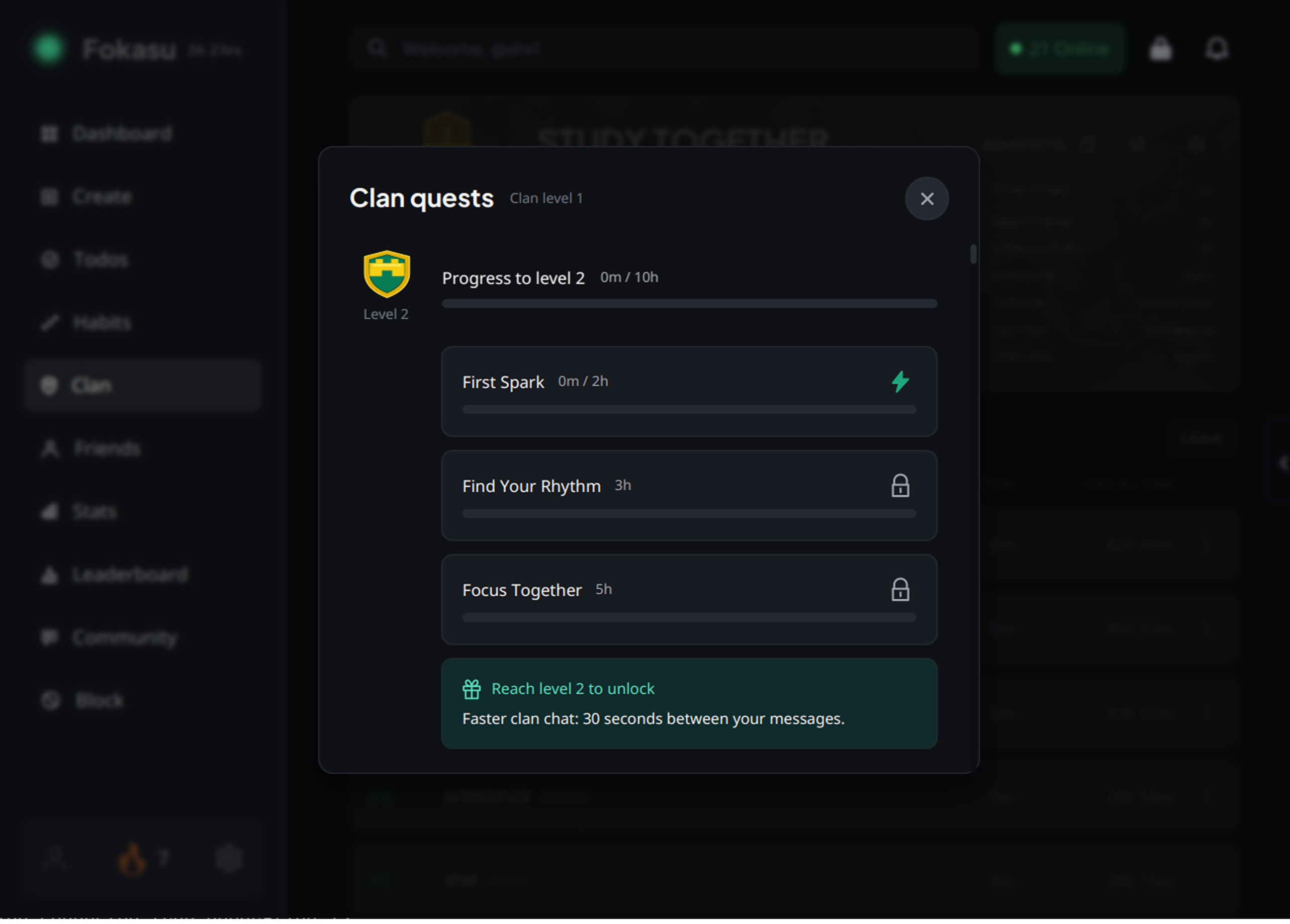 Fokasu Clan quests showing progress toward level two, shared study quests, and a faster clan chat perk