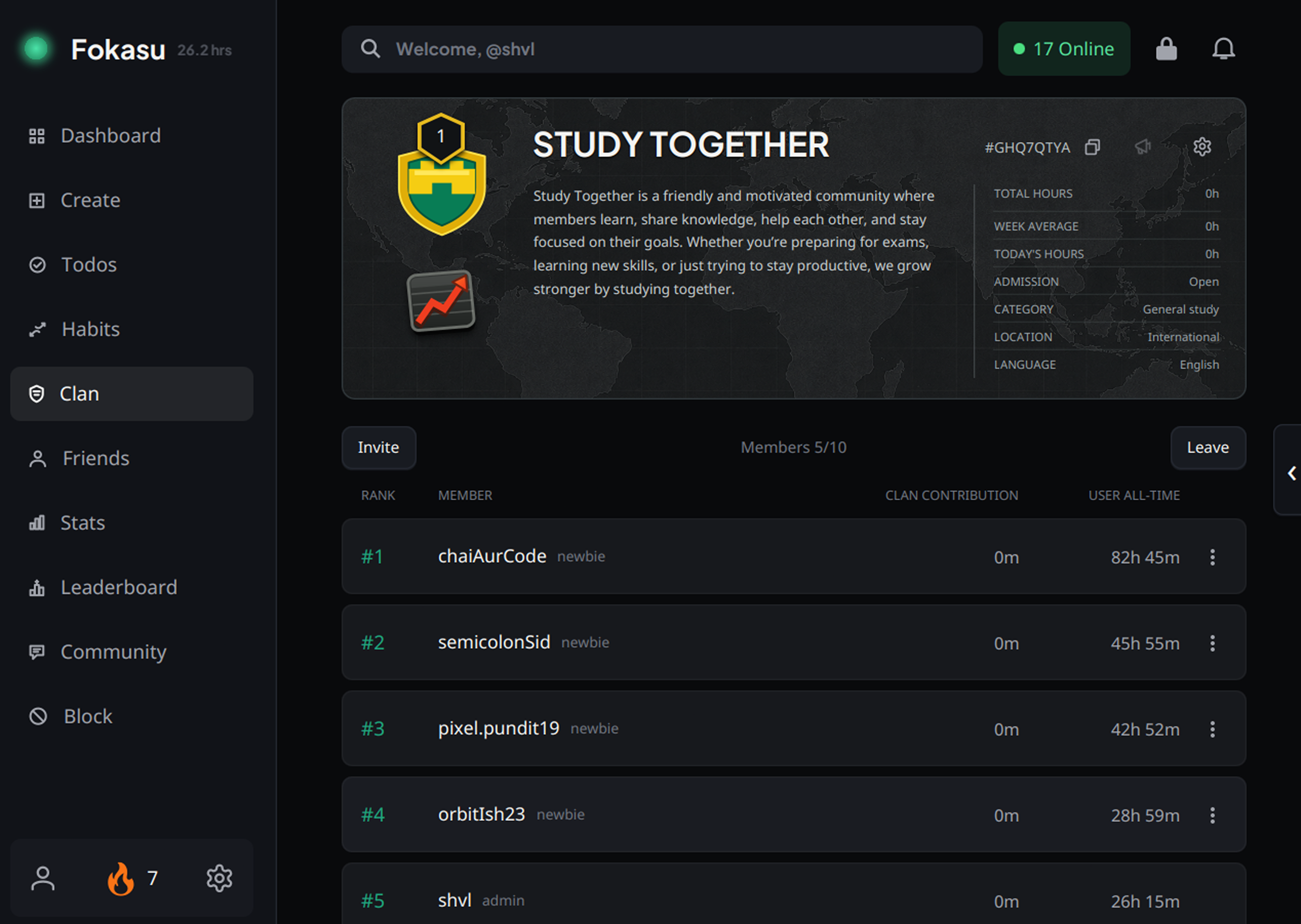 Fokasu Study Together clan profile showing its level, members, and contribution leaderboard